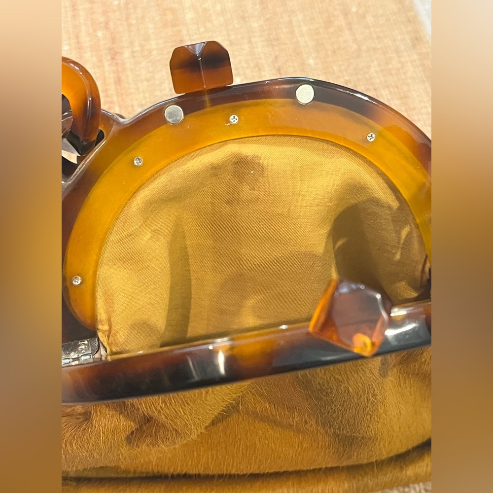 Anthropologie 100% Calf Hair Mini Top Handle Bag 8” brown and tortoiseshell - Picture 9 of 10